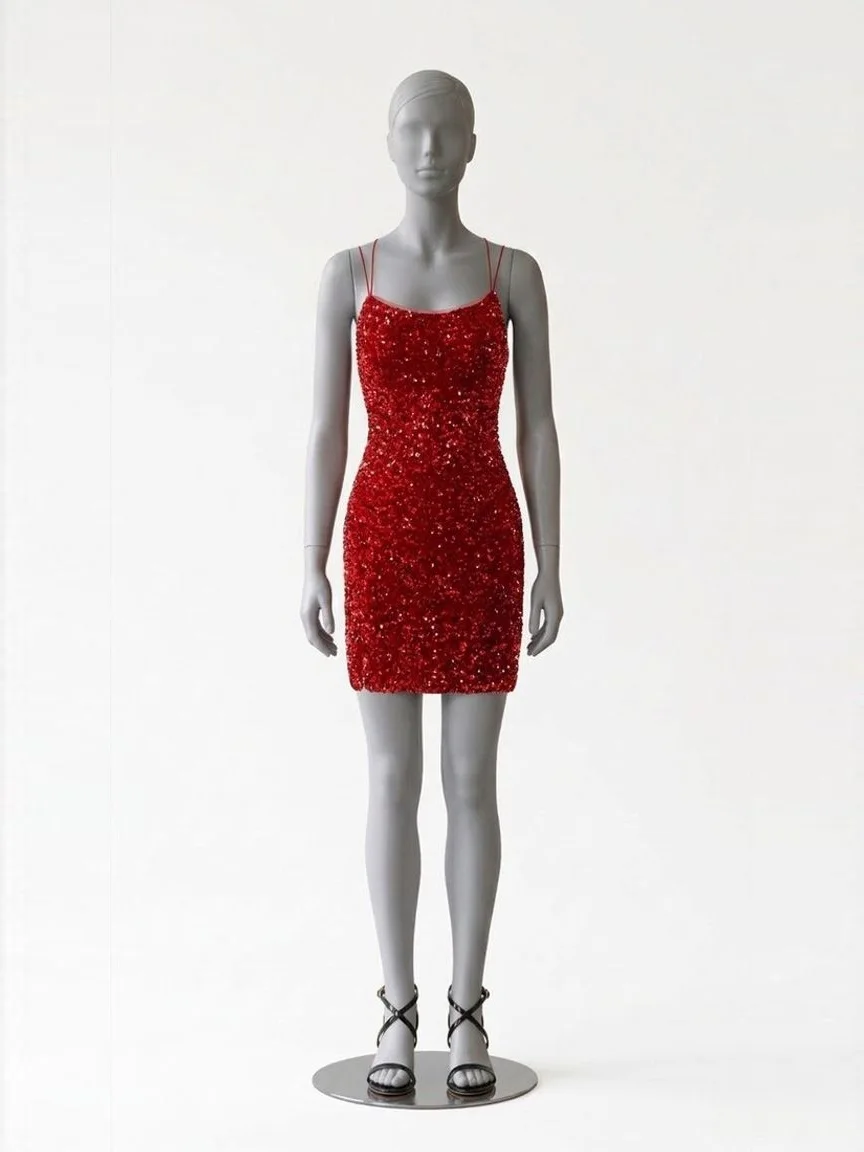 AI try-on render of the Zapaka red sequin mini dress and black strappy stiletto sandals on our size 8 mannequin