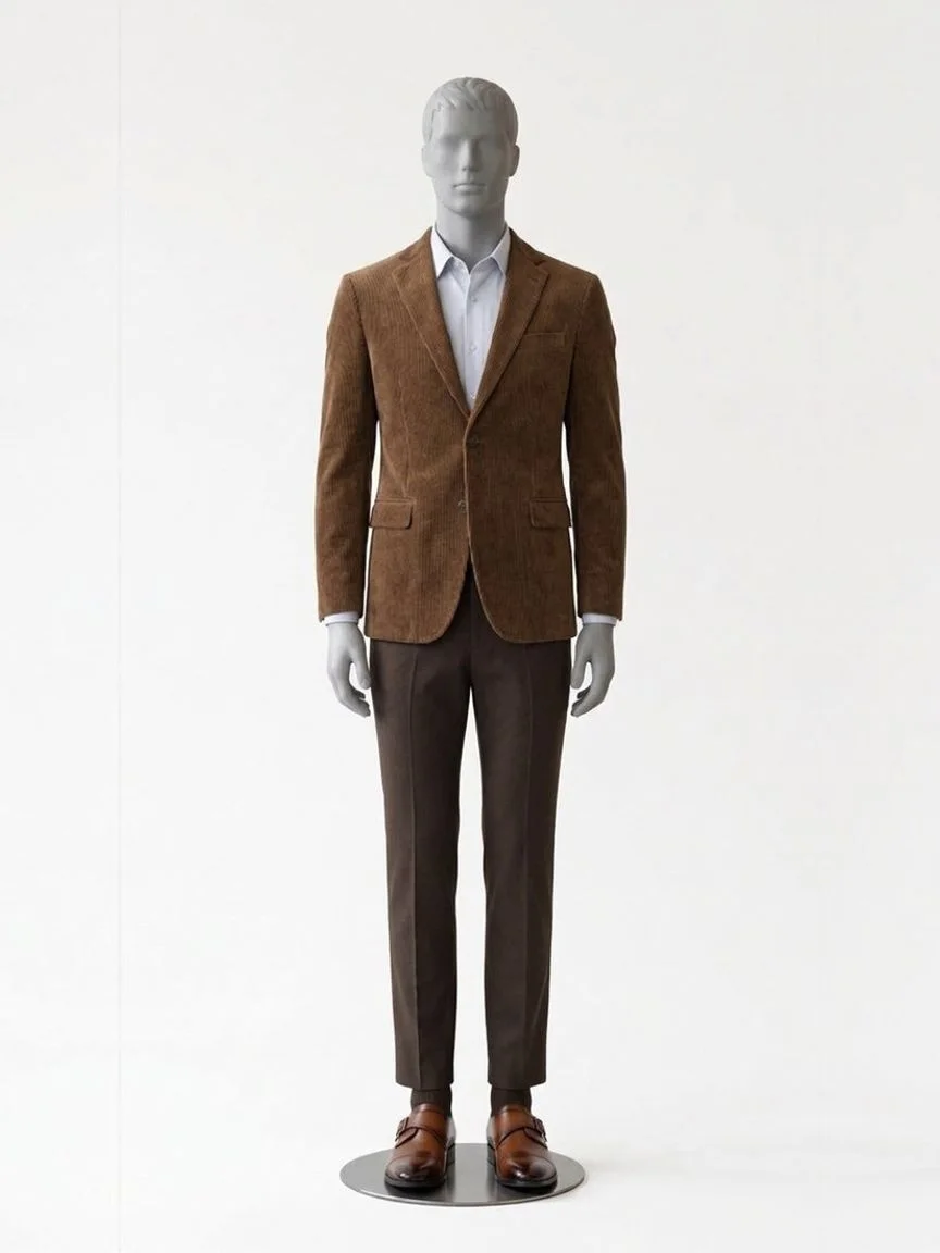 AI try-on render of the Zapaka brown corduroy jacket with brown cap-toe monk-strap shoes on our men's mannequin