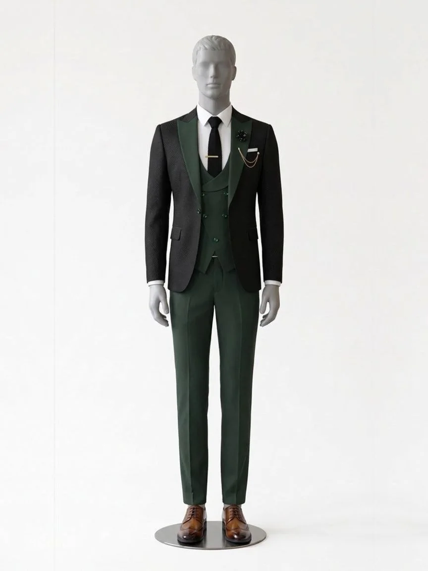 AI try-on render of the Zapaka three-piece suit with a near-black jacket, dark green lapels, waistcoat and trousers, with brown brogues, on our men's mannequin