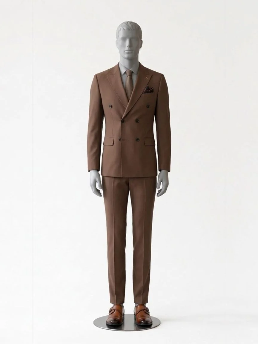 AI try-on render of the Zapaka brown double-breasted peak lapel suit with brown cap-toe monk-strap shoes on our men's mannequin
