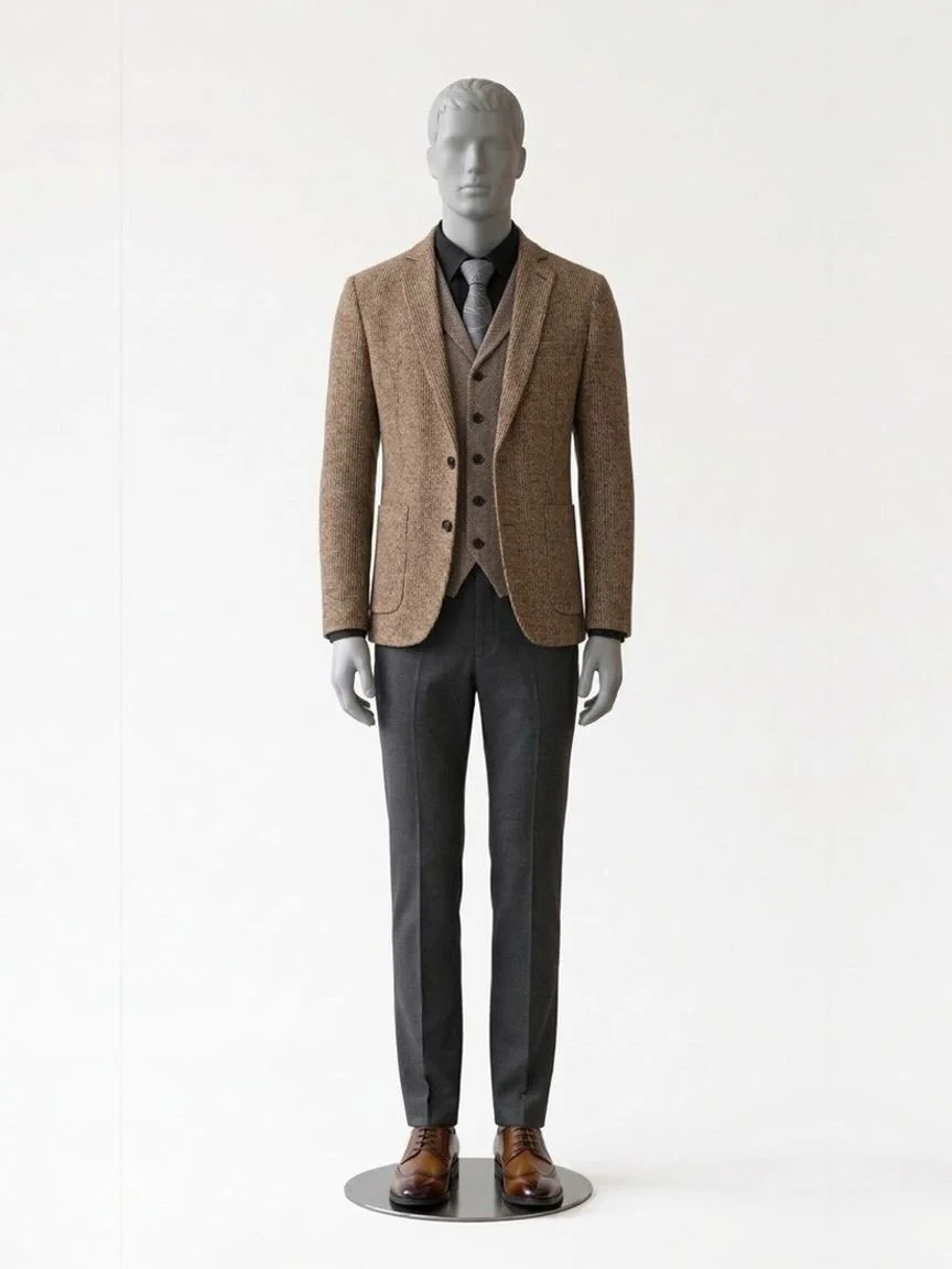 AI try-on render of the Zapaka khaki tweed jacket over a brown tweed waistcoat with brown brogues on our men's mannequin
