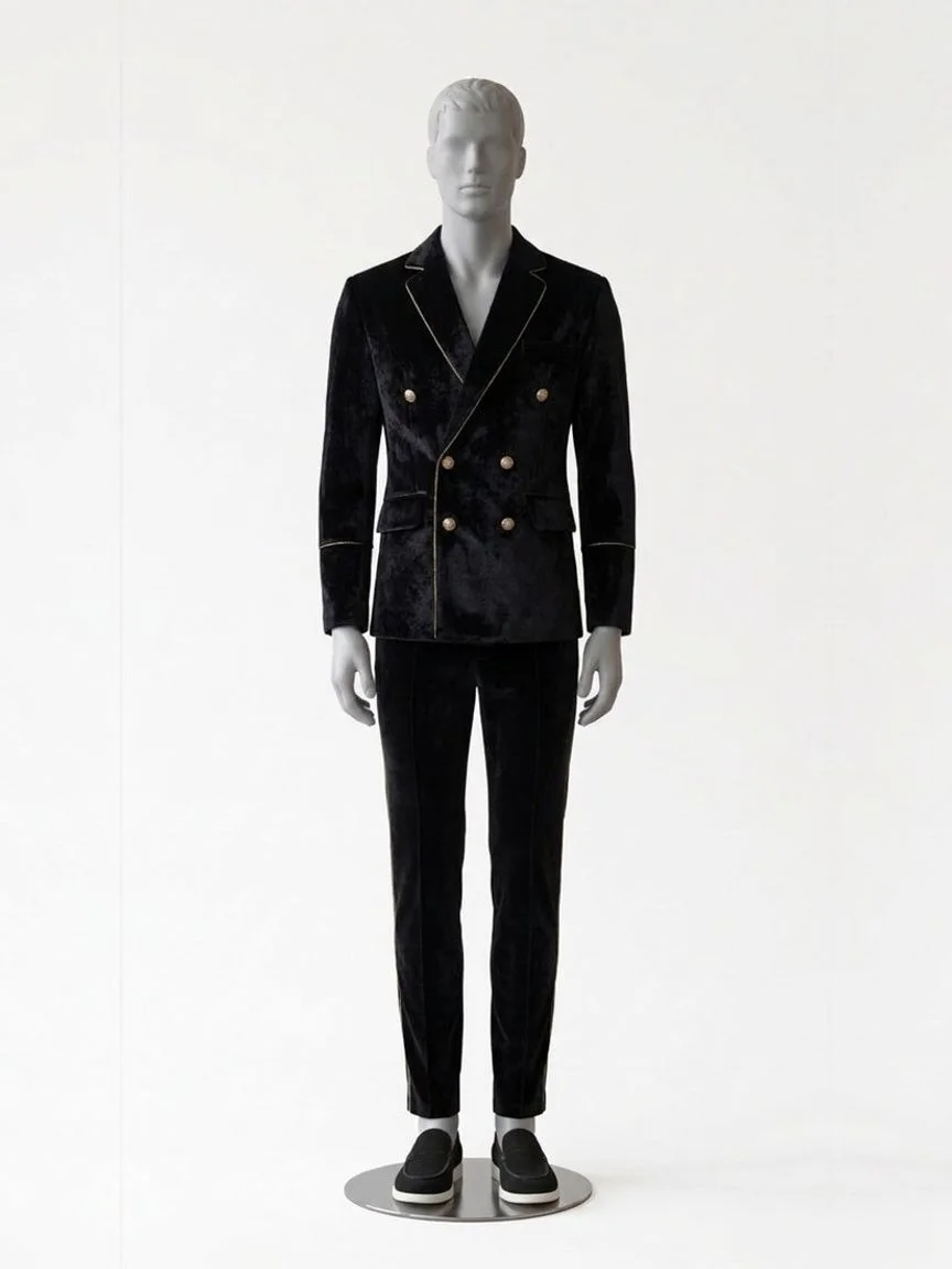 AI try-on render of the Zapaka black velvet double-breasted suit with black loafers on our men's mannequin
