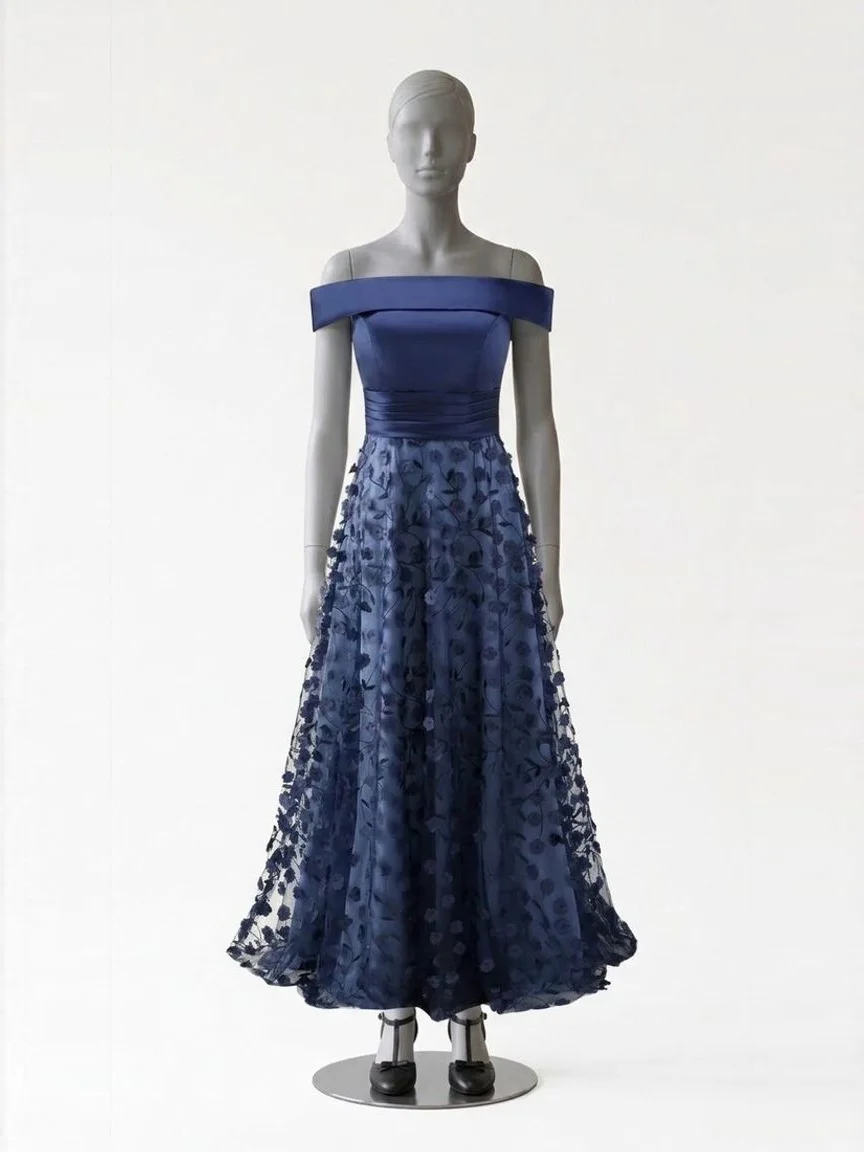 AI try-on render of the Zapaka navy off-the-shoulder sequin A-line gown with black T-strap heels on our size 8 mannequin
