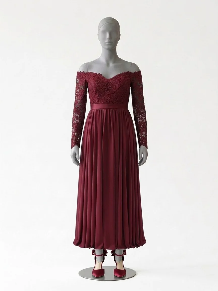 AI try-on render of the Zapaka cabernet off-the-shoulder lace gown with long lace sleeves and burgundy satin bow heels on our size 12 mannequin