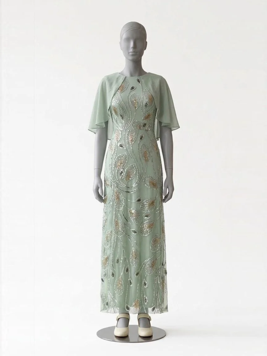 AI try-on render of the Zapaka sage green beaded A-line dress with a chiffon cape and cream Mary Jane heels on our size 8 mannequin