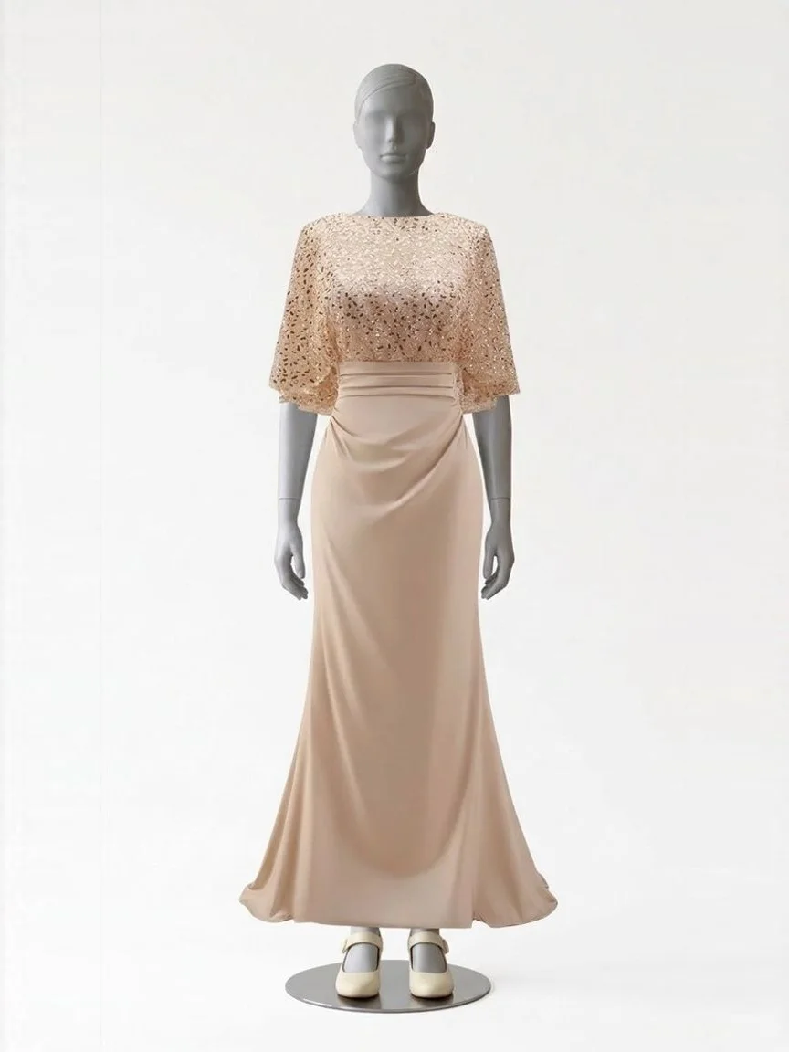 AI try-on render of the Zapaka champagne sequin mermaid gown with cream Mary Jane heels on our size 8 mannequin