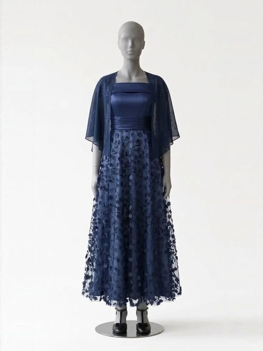 AI try-on render of the same Zapaka navy sequin gown under a navy chiffon shawl on our size 8 mannequin