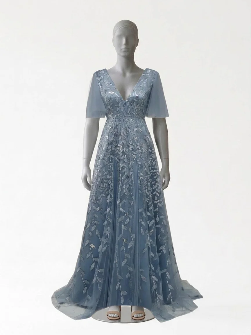 AI try-on render of the same Zapaka grey blue tulle gown and nude block-heel sandals on our size 12 mannequin