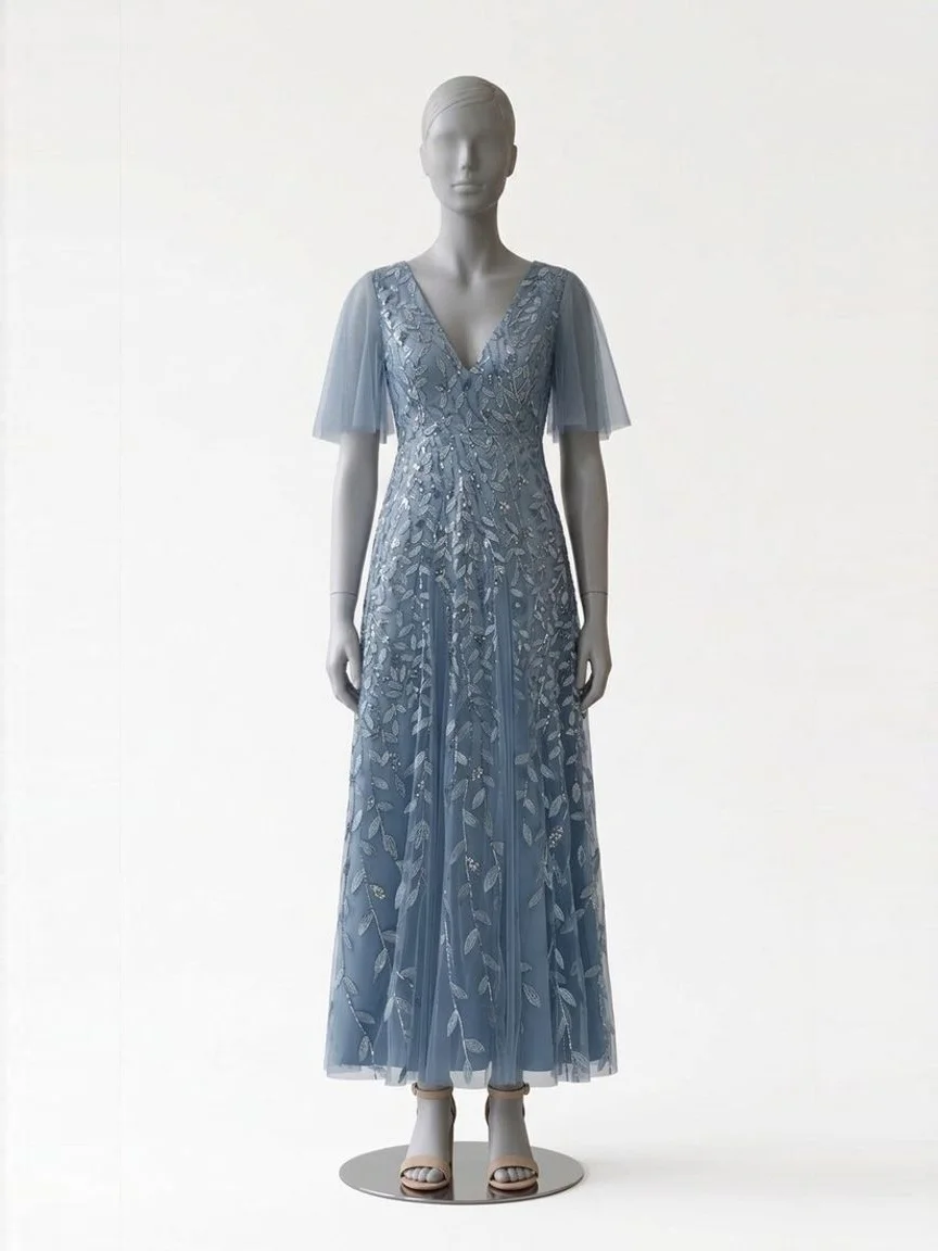 AI try-on render of the Zapaka grey blue tulle A-line gown with flutter sleeves and nude block-heel sandals on our size 8 mannequin
