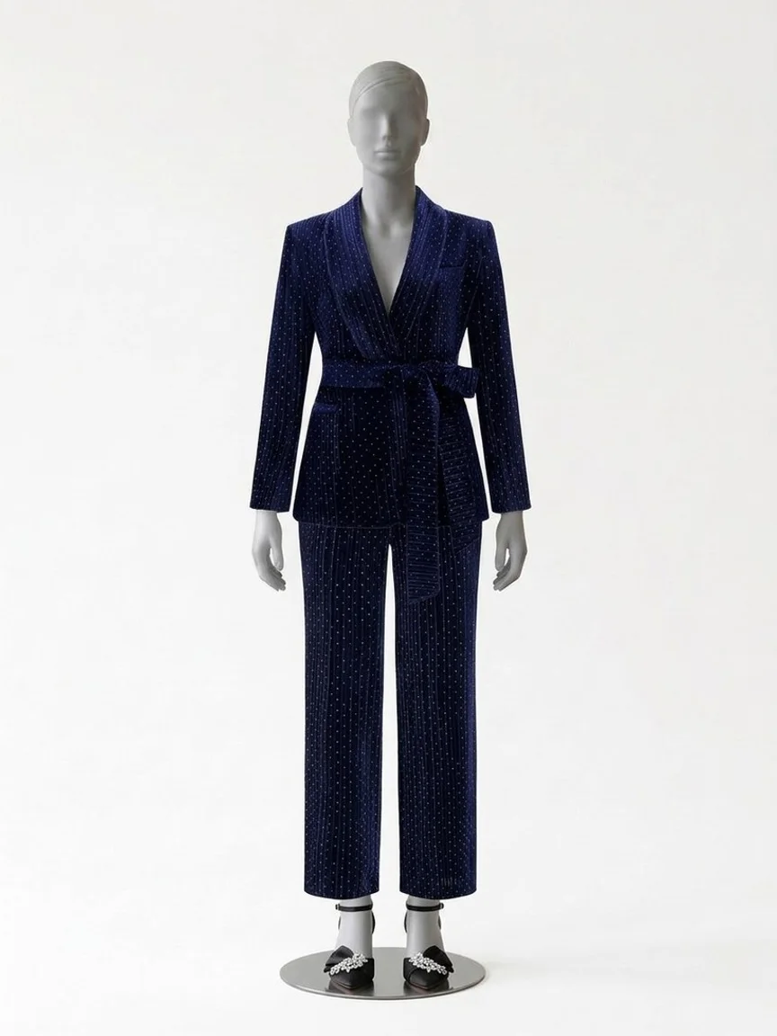 AI try-on render of the Zapaka navy velvet pantsuit with a shawl lapel and tie belt and black satin bow pumps on our size 12 mannequin