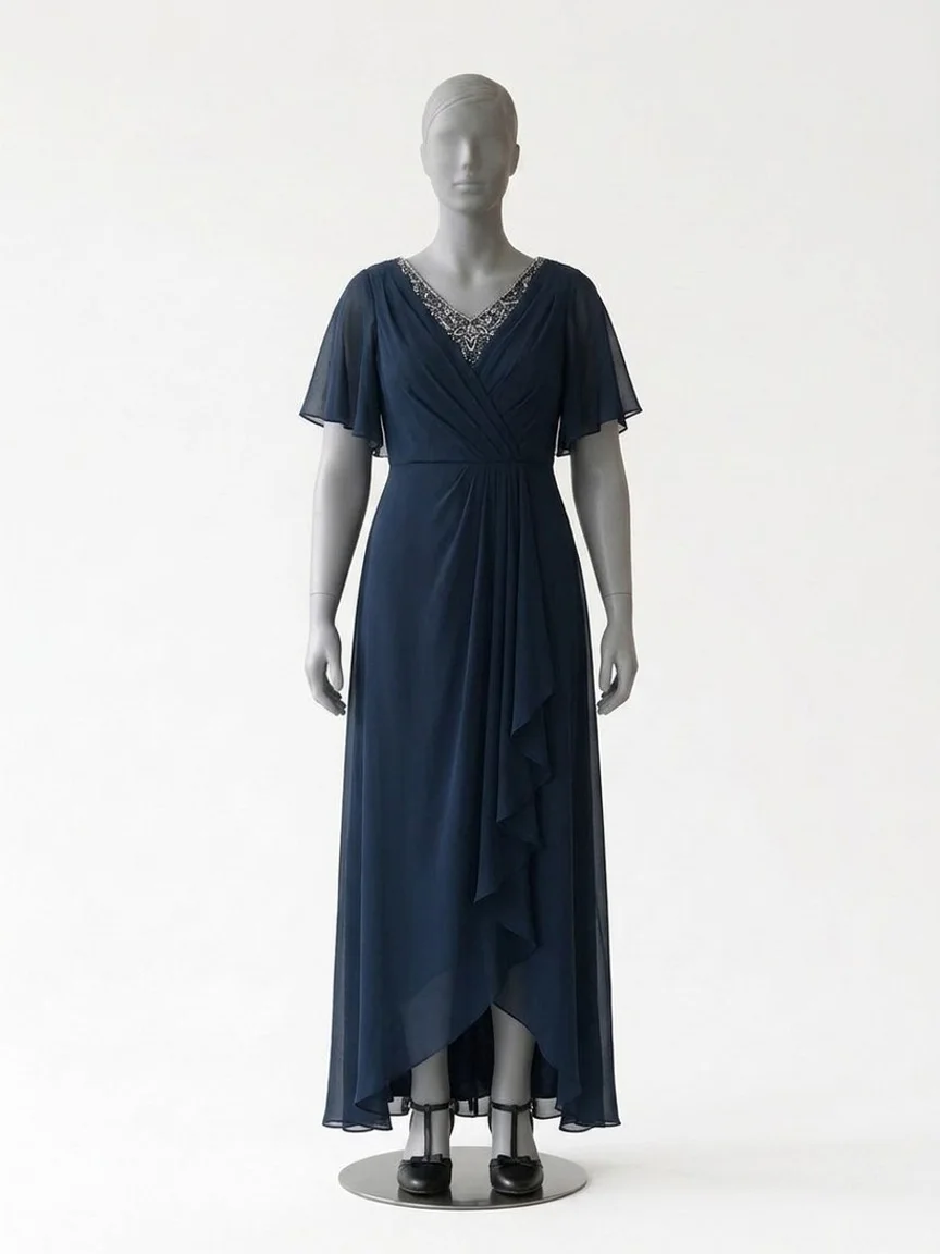 AI try-on render of the Zapaka navy plus-size chiffon A-line dress with flutter sleeves and black T-strap heels on our size 12 mannequin