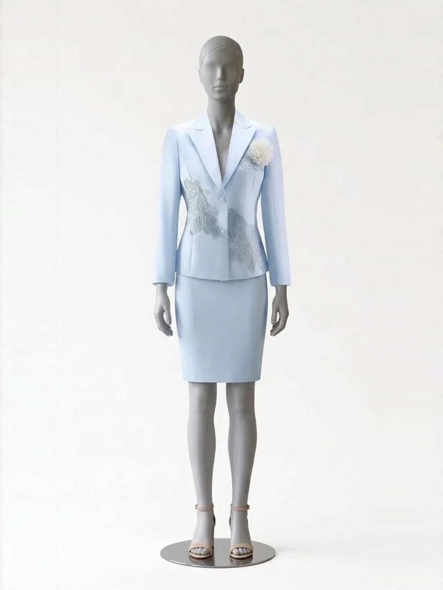 AI try-on render of the Zapaka light blue satin skirt suit with an embroidered jacket and nude block-heel sandals on our size 8 mannequin