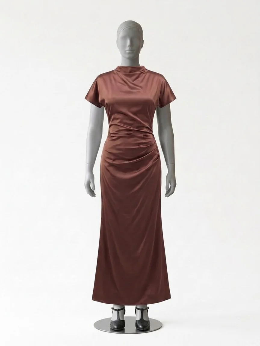 AI try-on render of the Zapaka coffee brown satin high-neck mermaid dress with black heels on our size 12 mannequin