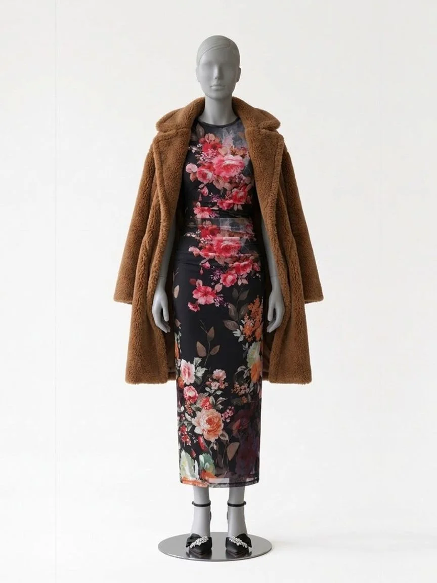 AI try-on render of the Zapaka black floral midi dress under a brown teddy coat with black bow heels on our size 8 mannequin