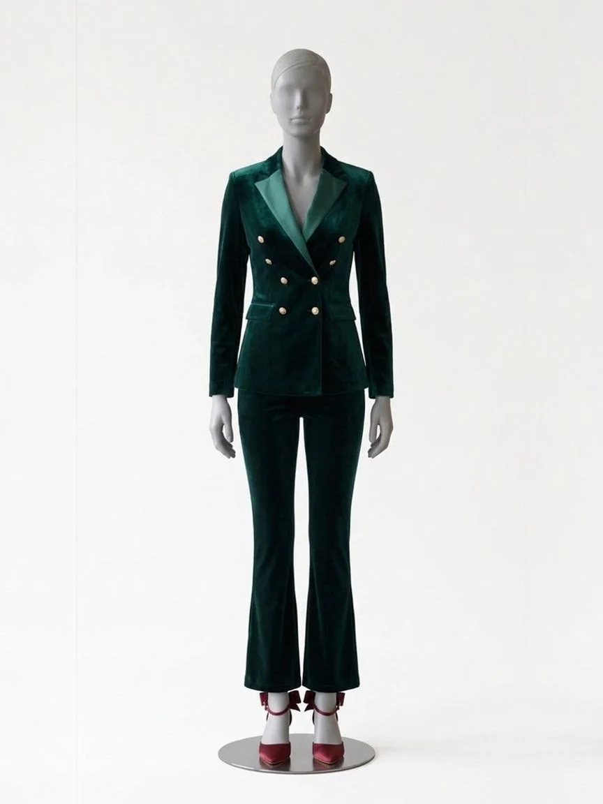 AI try-on render of the Zapaka dark green velvet trouser suit with burgundy bow heels on our size 8 mannequin