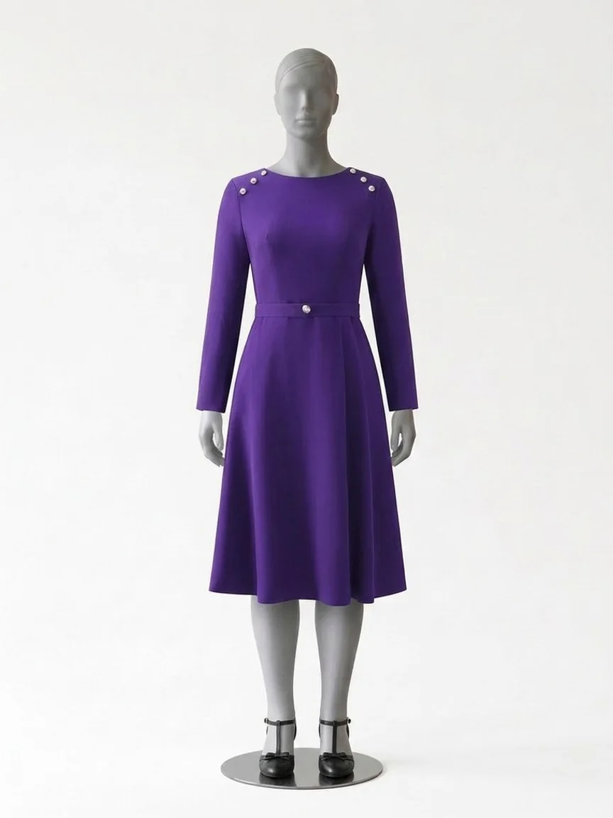 AI try-on render of the same Zapaka purple long-sleeve midi dress and black T-strap heels on our size 12 mannequin