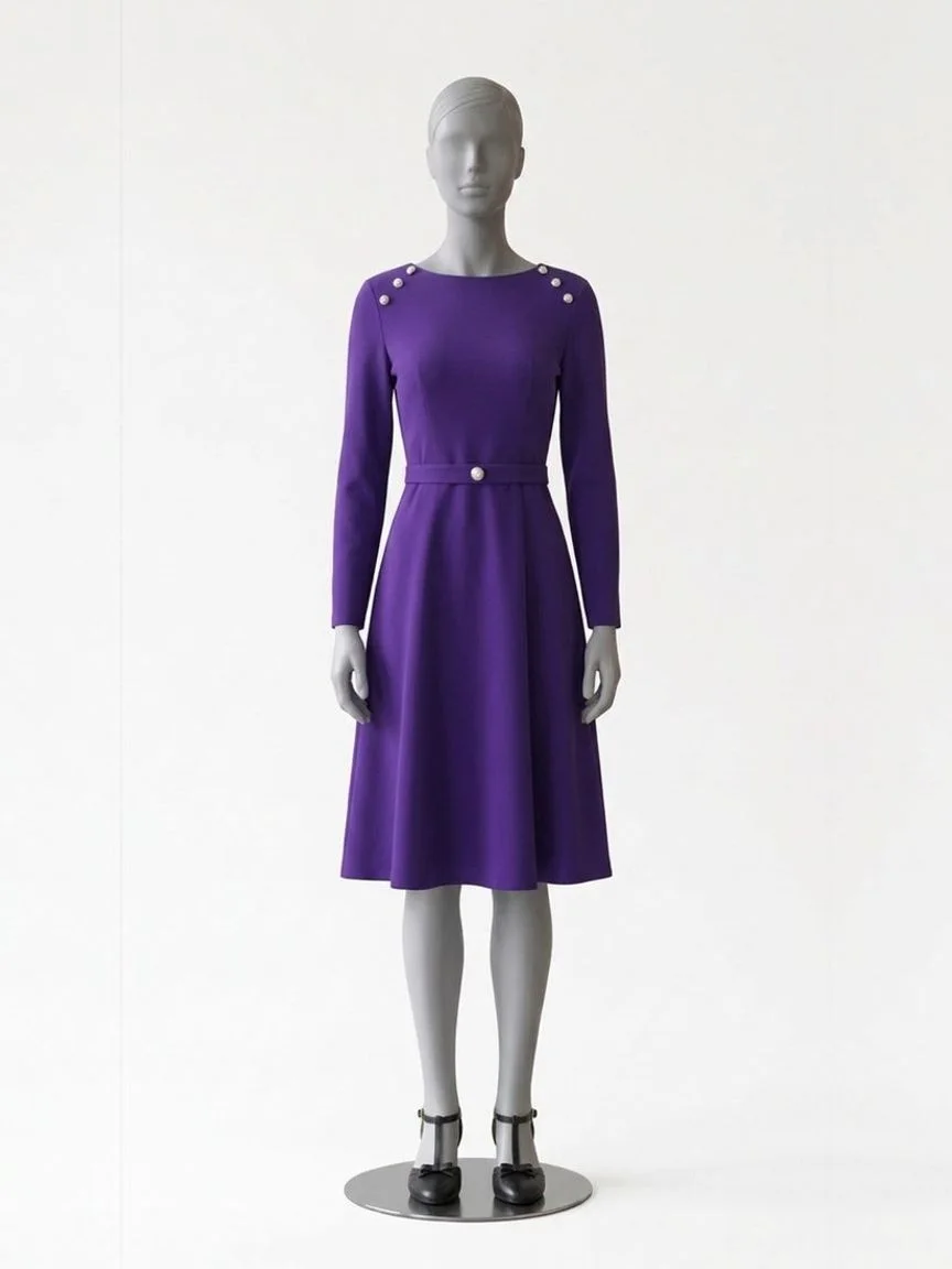 AI try-on render of the Zapaka purple long-sleeve A-line midi dress with black T-strap block heels on our size 8 mannequin