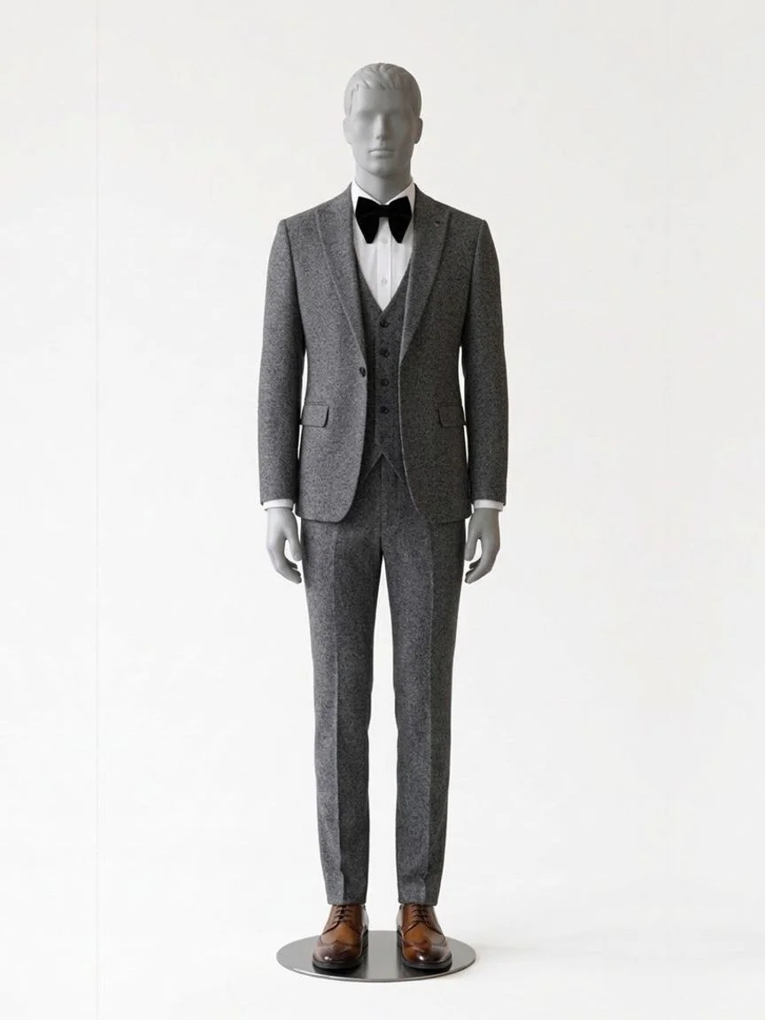 AI try-on render of the Zapaka grey three-piece suit with a black bow tie and brown brogues on our men's mannequin