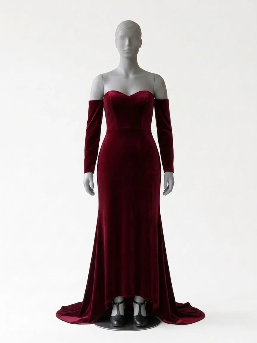 AI try-on render of the Zapaka dark red long-sleeve velvet gown on our size 12 mannequin
