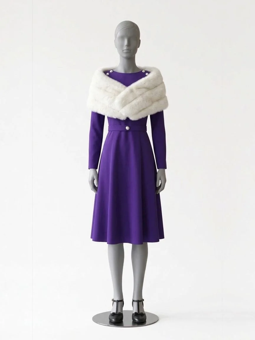 AI try-on render of the Zapaka purple midi dress under a white faux fur wrap on our size 8 mannequin