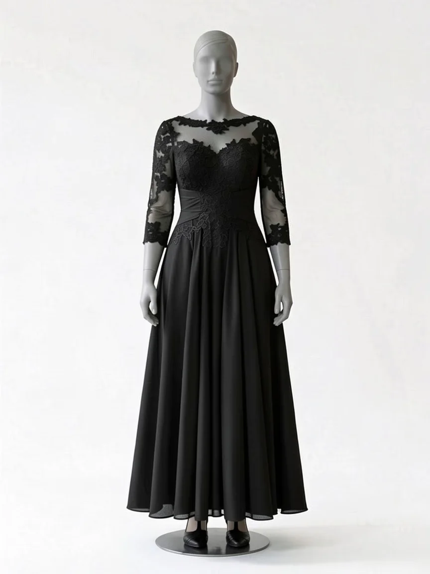 AI try-on render of the Zapaka black tea-length dress with lace three-quarter sleeves on our size 12 mannequin
