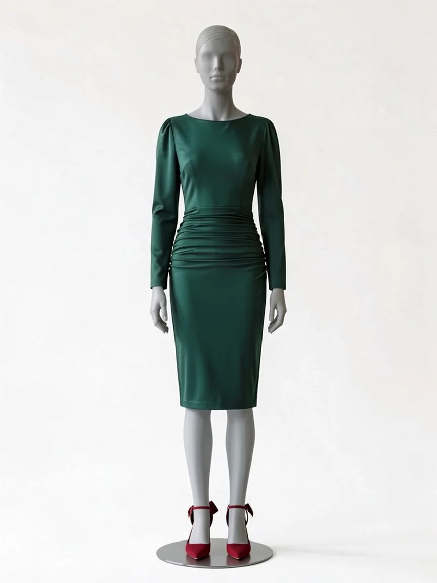 AI try-on render of the Zapaka dark green velvet ruched sheath midi dress with long sleeves and burgundy bow heels on our size 8 mannequin