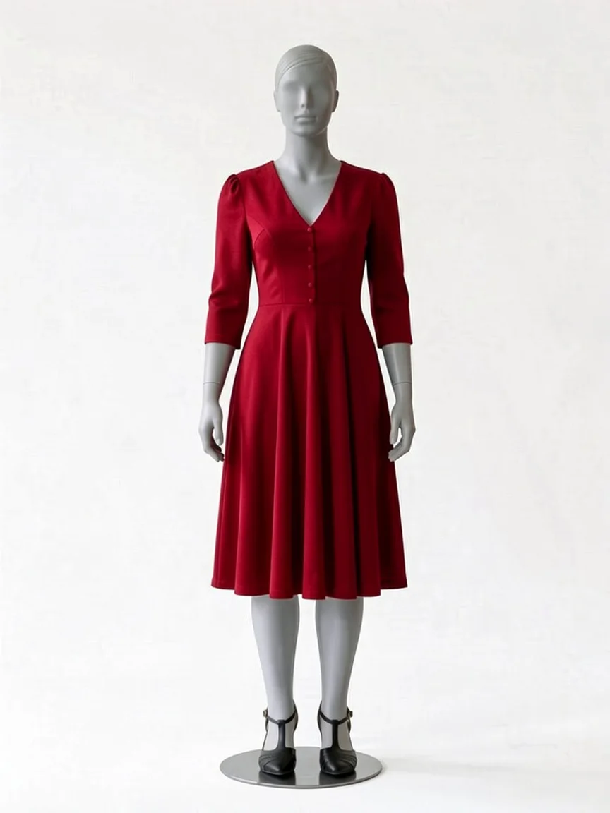 AI try-on render of the same Zapaka burgundy velvet midi dress and black heels on our size 12 mannequin