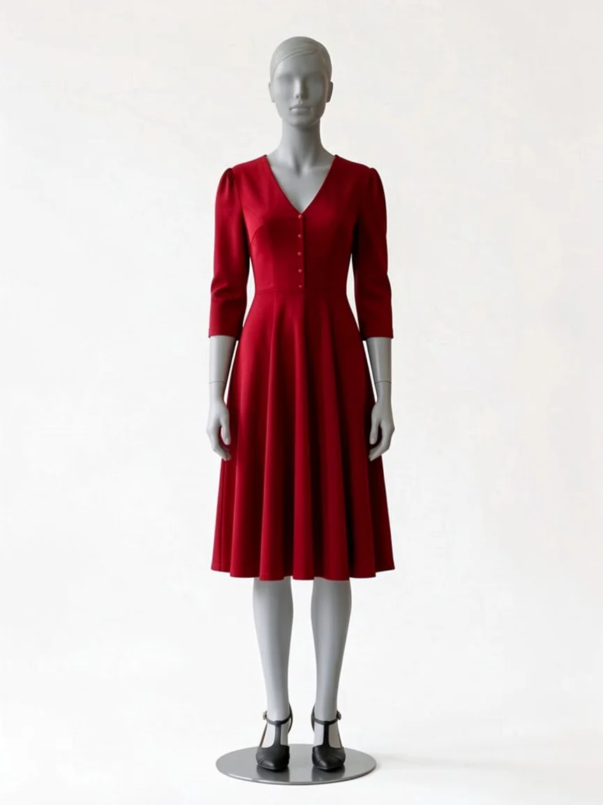 AI try-on render of the Zapaka burgundy velvet V-neck midi dress with half sleeves and black T-strap heels on our size 8 mannequin