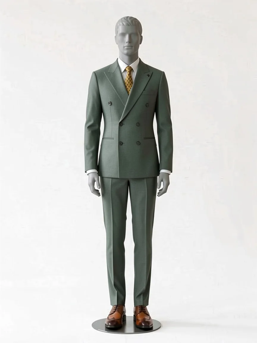 AI try-on render of the Zapaka grey-green double-breasted suit with brown lace-up shoes on our men's mannequin