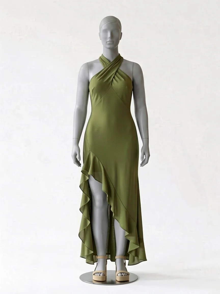 AI try-on render of the Zapaka olive chiffon halter midi dress with a ruffled high-low hem on our size 12 mannequin