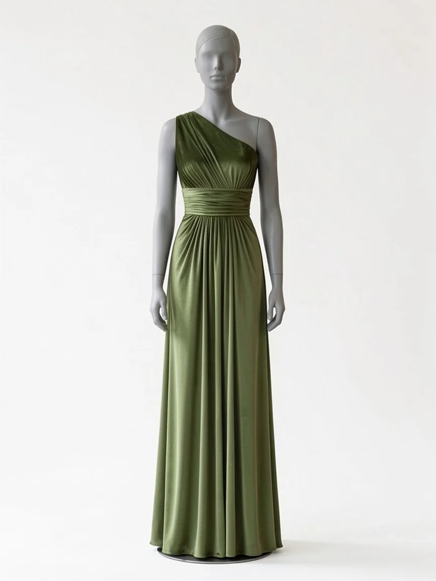 AI try-on render of the Zapaka olive velvet one-shoulder floor-length dress on our size 8 mannequin