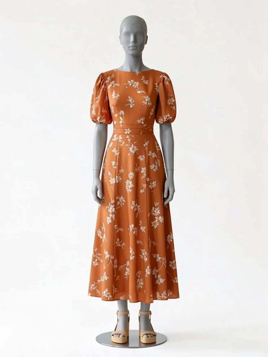 AI try-on render of the Zapaka rust floral A-line midi dress with puff sleeves and tan platform sandals on our size 8 mannequin