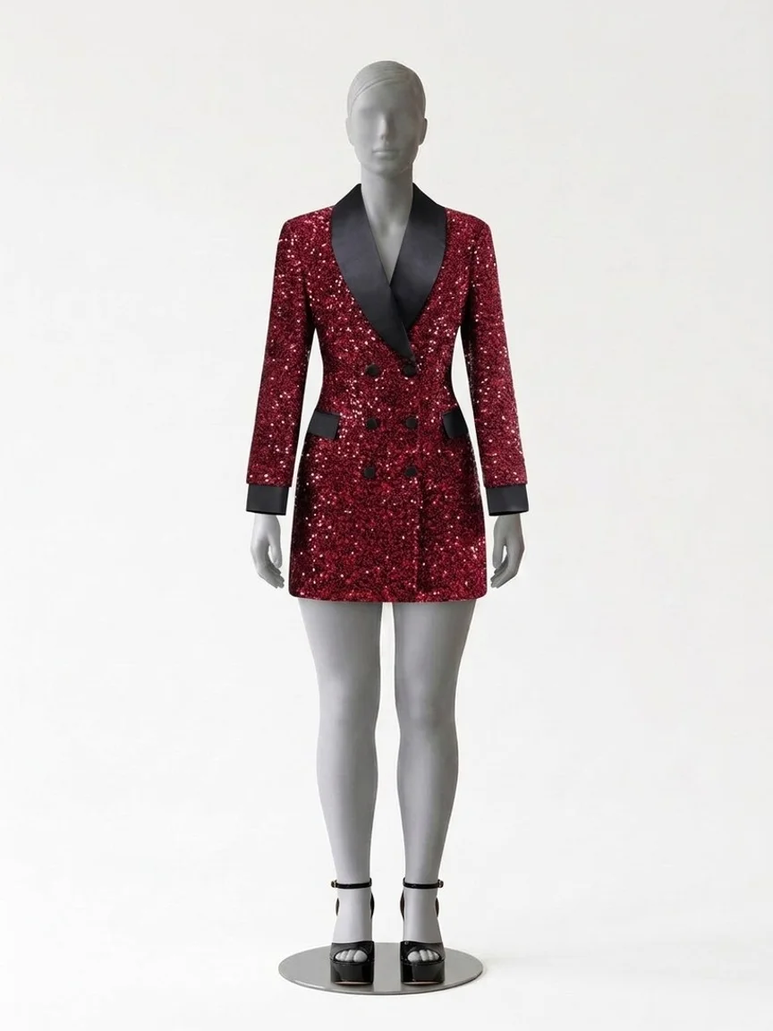 AI try-on render of the Zapaka burgundy sequin blazer dress with black open-toe platform heels on our size 12 mannequin