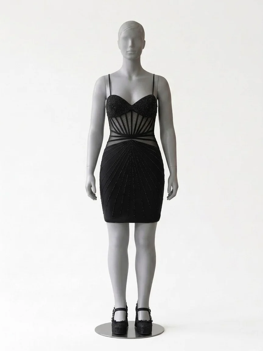 AI try-on render of the same Zapaka black corset mini dress with black platform block heels on our size 12 mannequin