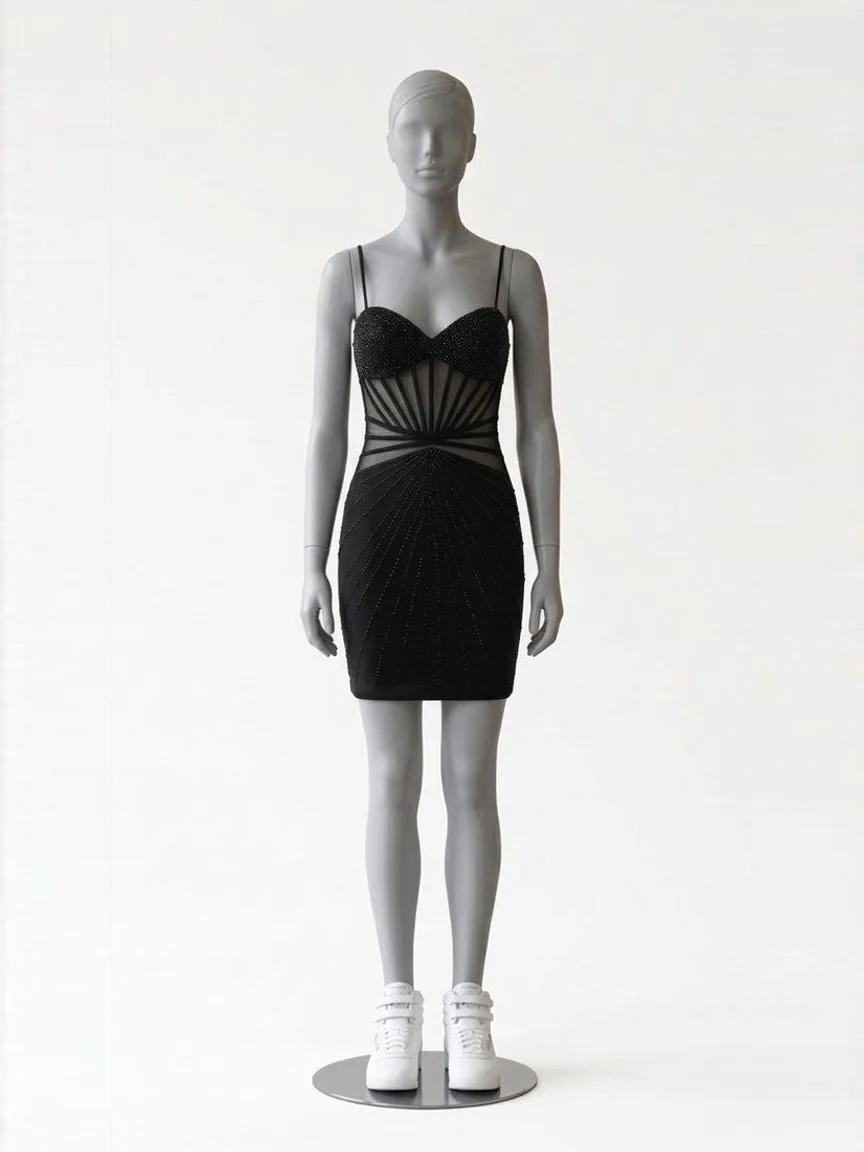 AI try-on render of the Zapaka black corset mini dress with white Reebok Freestyle Hi sneakers on our size 8 mannequin
