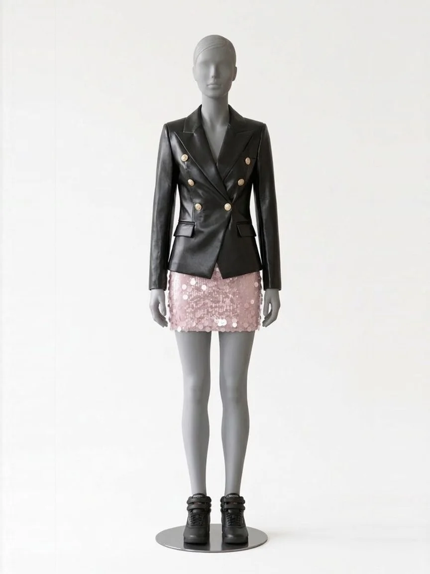 AI try-on render of the Zapaka black faux leather blazer worn as a top over a pink sequin mini skirt, with black Reebok Freestyle Hi sneakers, on our size 8 mannequin