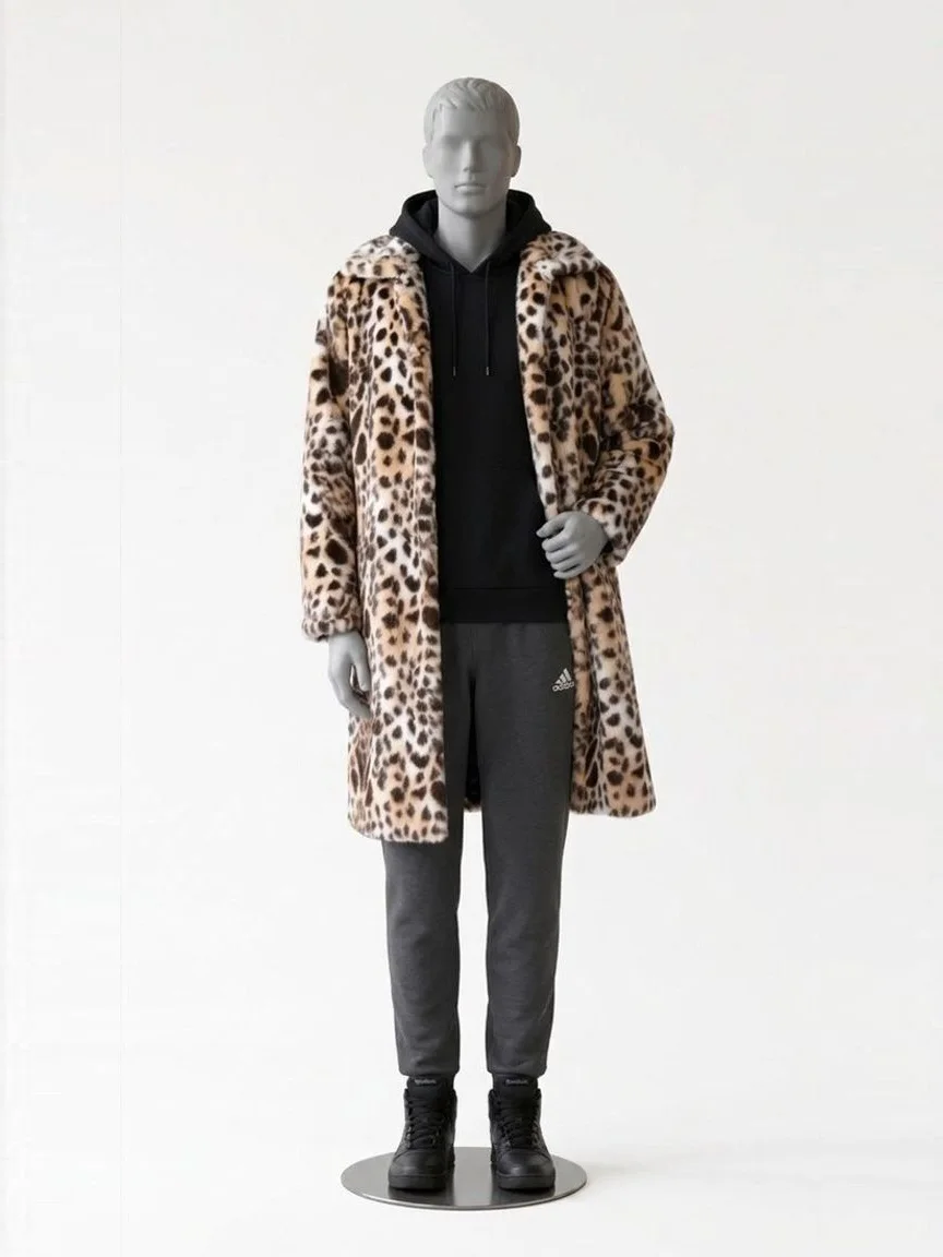AI try-on render of the Zapaka leopard faux fur coat over an Adidas hoodie and fleece pants, with black Reebok high-top sneakers, on our men's mannequin