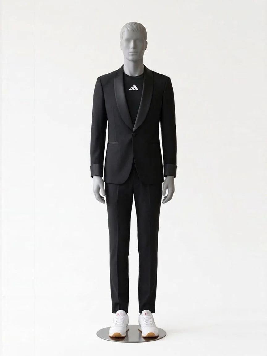 AI try-on render of the Zapaka slim black shawl lapel suit over an Adidas T-shirt with Reebok Classic Leather sneakers on our men's mannequin