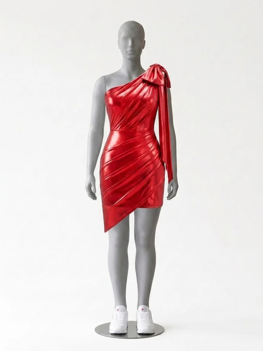 AI try-on render of the Zapaka red metallic one-shoulder mini dress with white Reebok Classic Leather sneakers on our size 12 mannequin