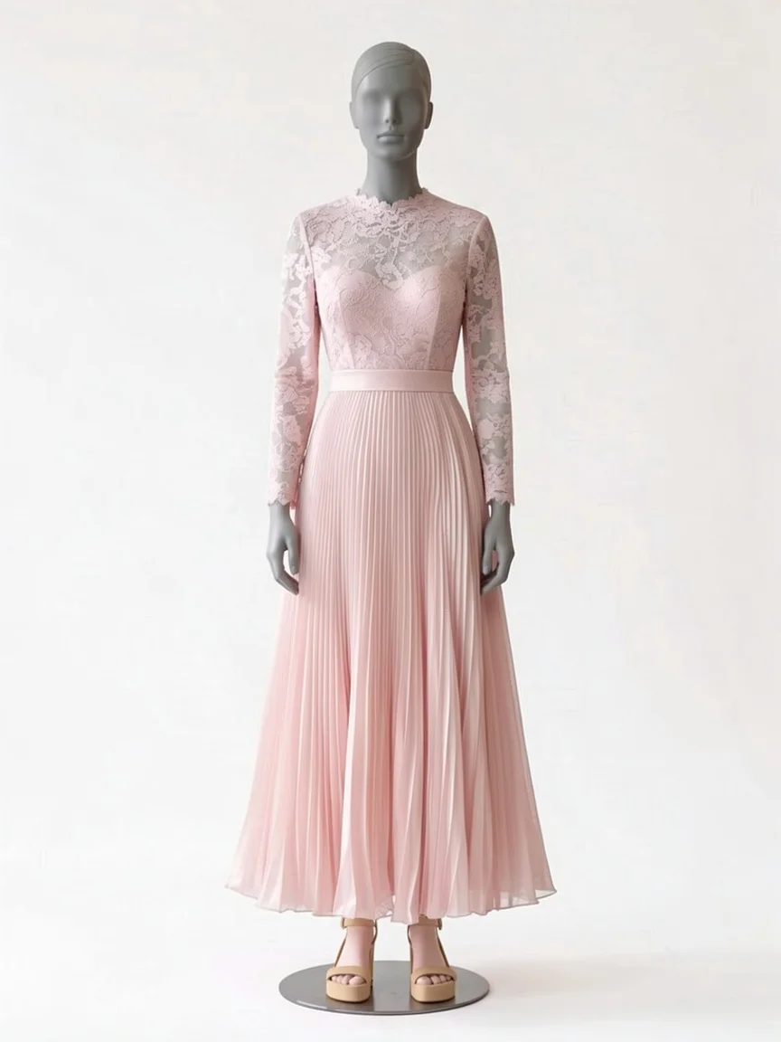 AI try-on render of the Zapaka blush pink pleated chiffon dress with lace long sleeves and tan sandals on our size 8 mannequin