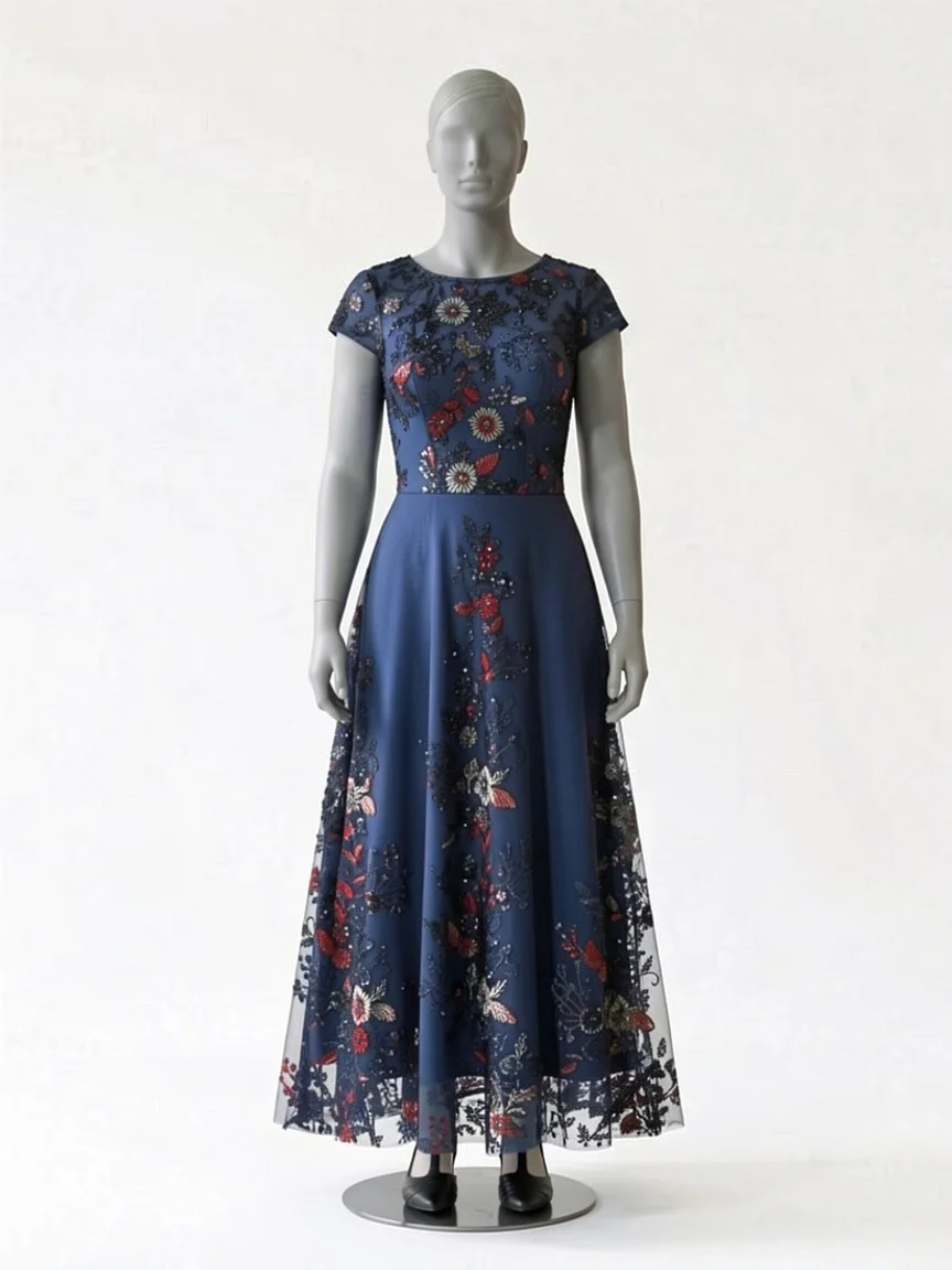 AI try-on render of the same Zapaka navy embroidered dress and black heels on our size 12 mannequin