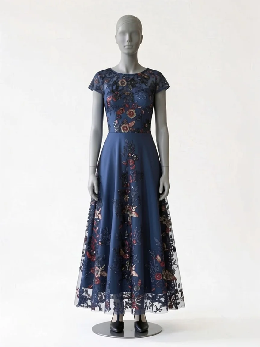 AI try-on render of the Zapaka navy embroidered tea-length dress with cap sleeves and black heels on our size 8 mannequin