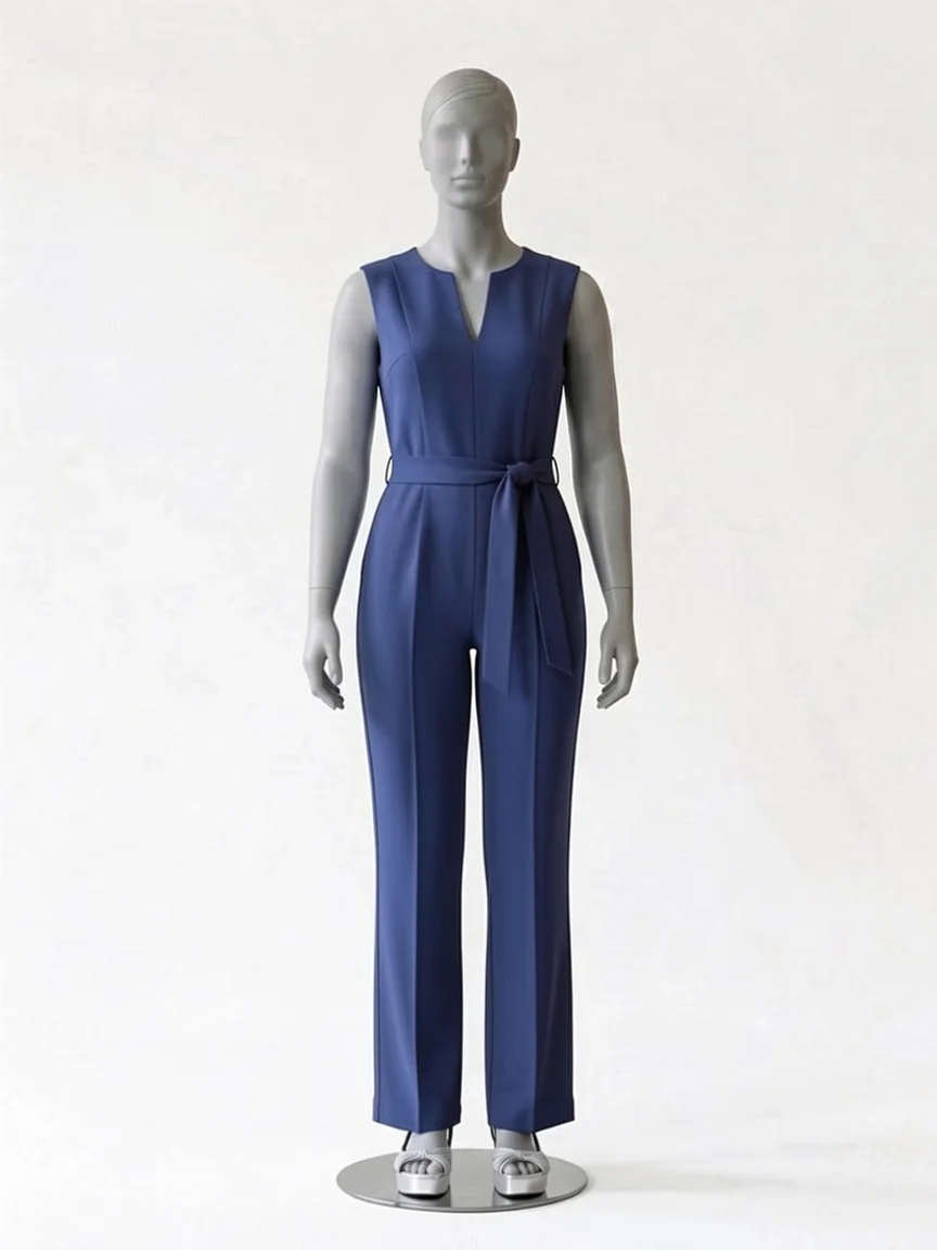 AI try-on render of the Zapaka navy sleeveless belted jumpsuit with silver sandals on our size 12 mannequin