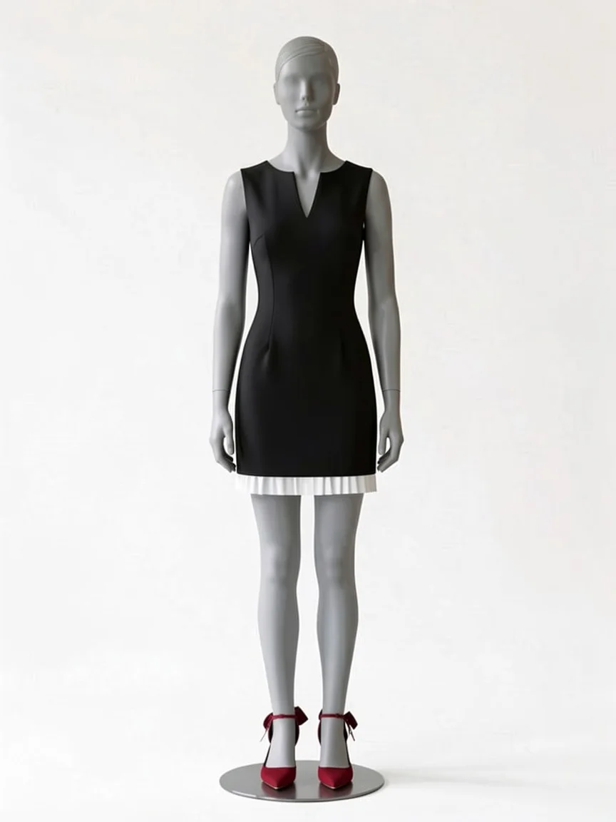 AI try-on render of the Zapaka little black V-neck sheath dress with a pleated hem and red bow heels on our size 8 mannequin