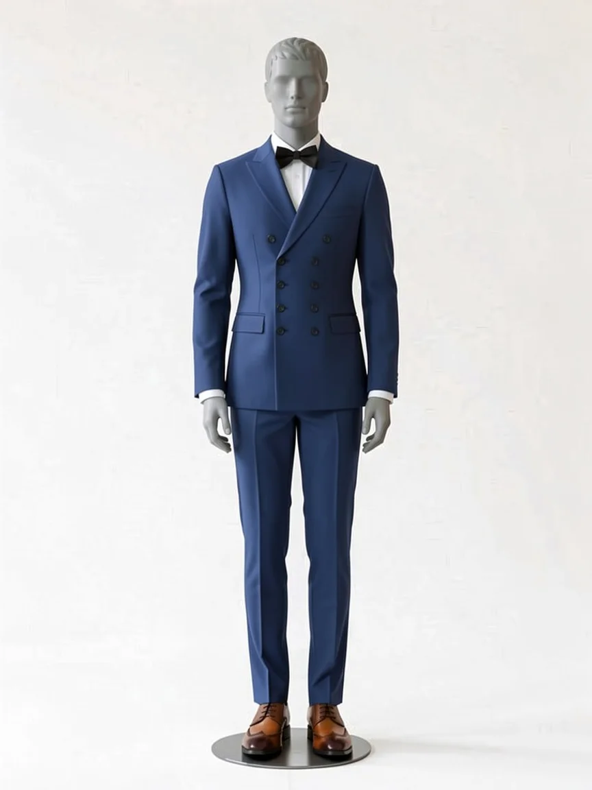 AI try-on render of the Zapaka navy double-breasted suit with brown lace-up shoes on our men's mannequin