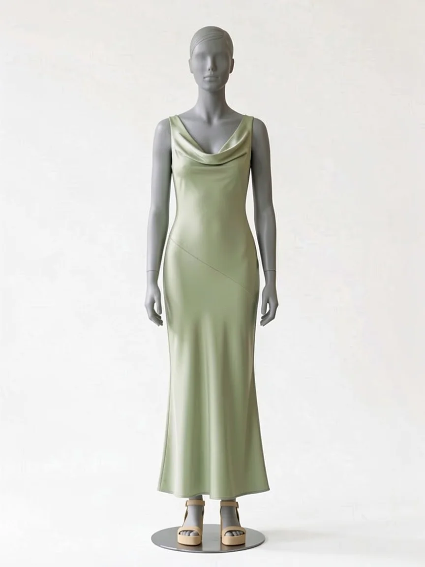 AI try-on render of the Zapaka pale green cowl-neck satin midi with tan sandals on our size 8 mannequin