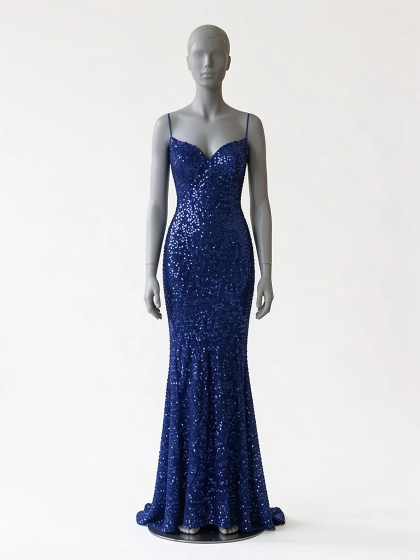 AI try-on render of the Zapaka royal blue sequin mermaid gown on our size 8 mannequin