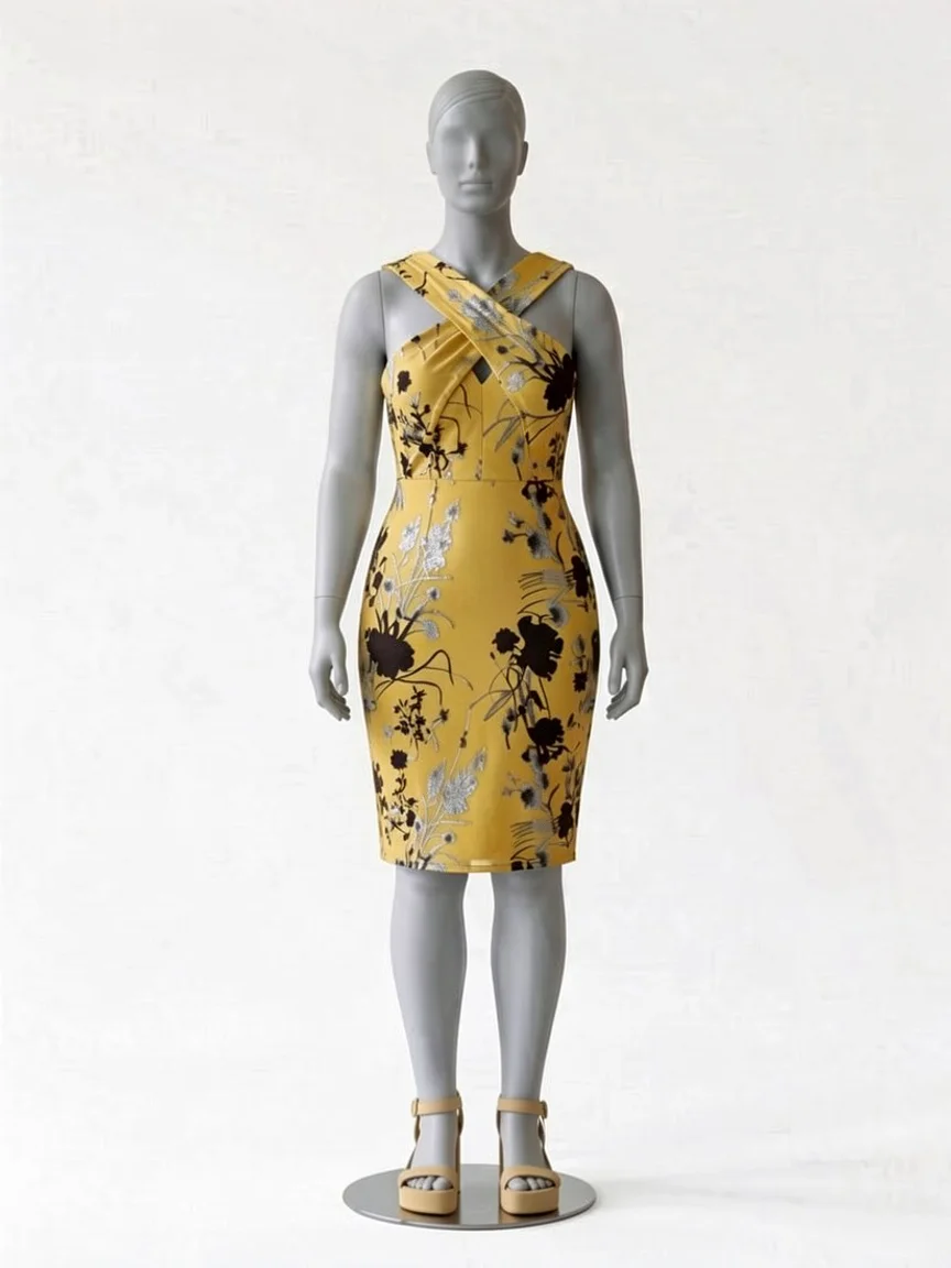 AI try-on render of the Zapaka ginger yellow floral sheath midi with a keyhole neckline on our size 12 mannequin