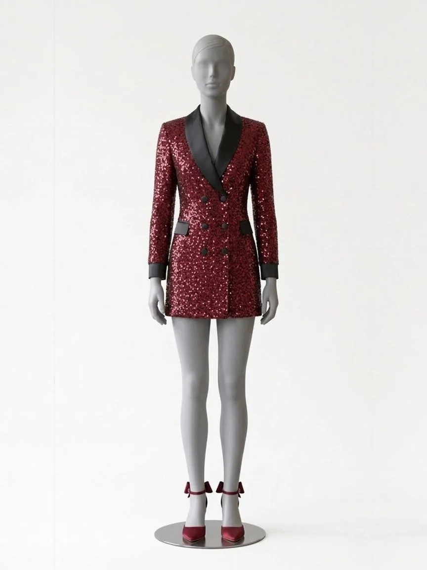 AI try-on render of the Zapaka burgundy sequin blazer dress with burgundy satin bow heels on our size 8 mannequin