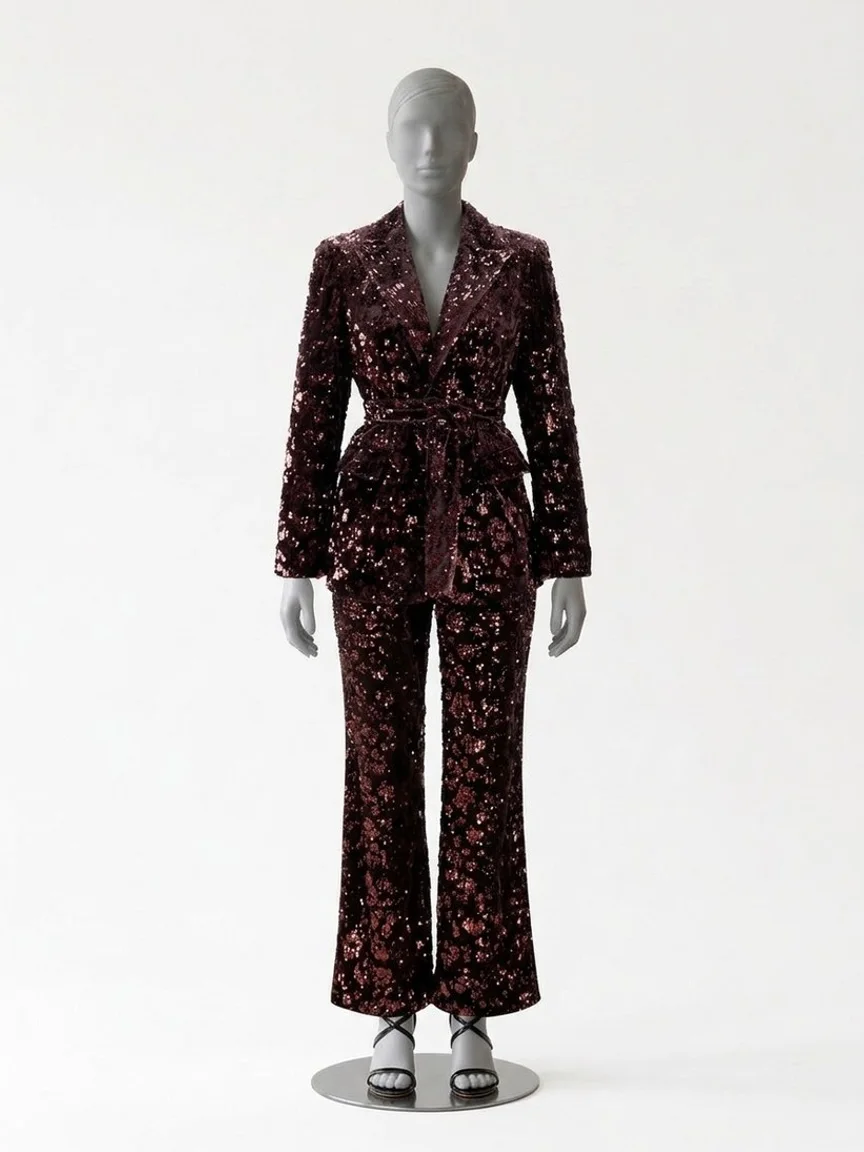 AI try-on render of the Zapaka coffee sequin trouser suit with black stiletto sandals on our size 12 mannequin
